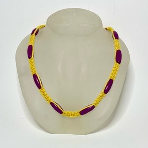 Handmade Macrame Necklace Mustard Yellow Cotton Cord Oval Purple Wood Beads